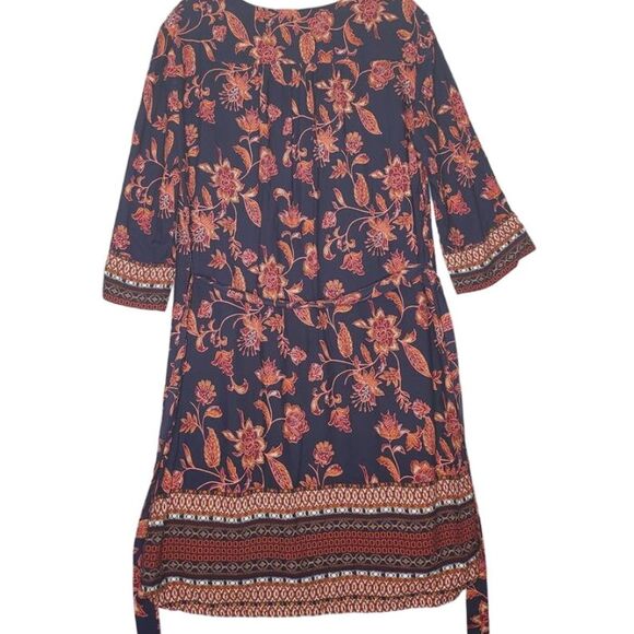 BeachLunchLounge Mini Dress Large‎ Blue Orange Floral Print Size Large Waist Tie - Picture 3 of 9